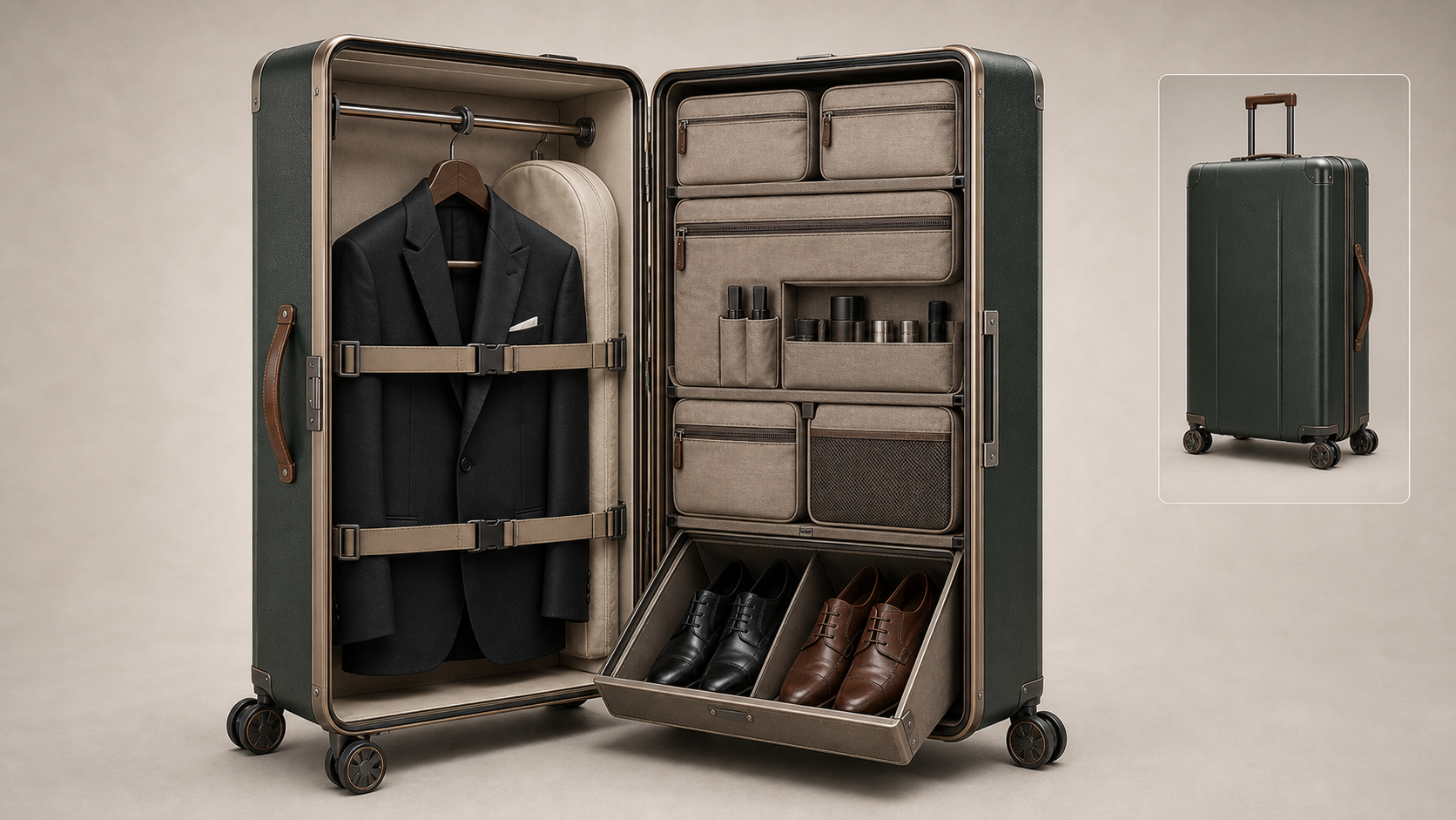 Forest green Outfit One Wardrobe Check-in modular luggage concept