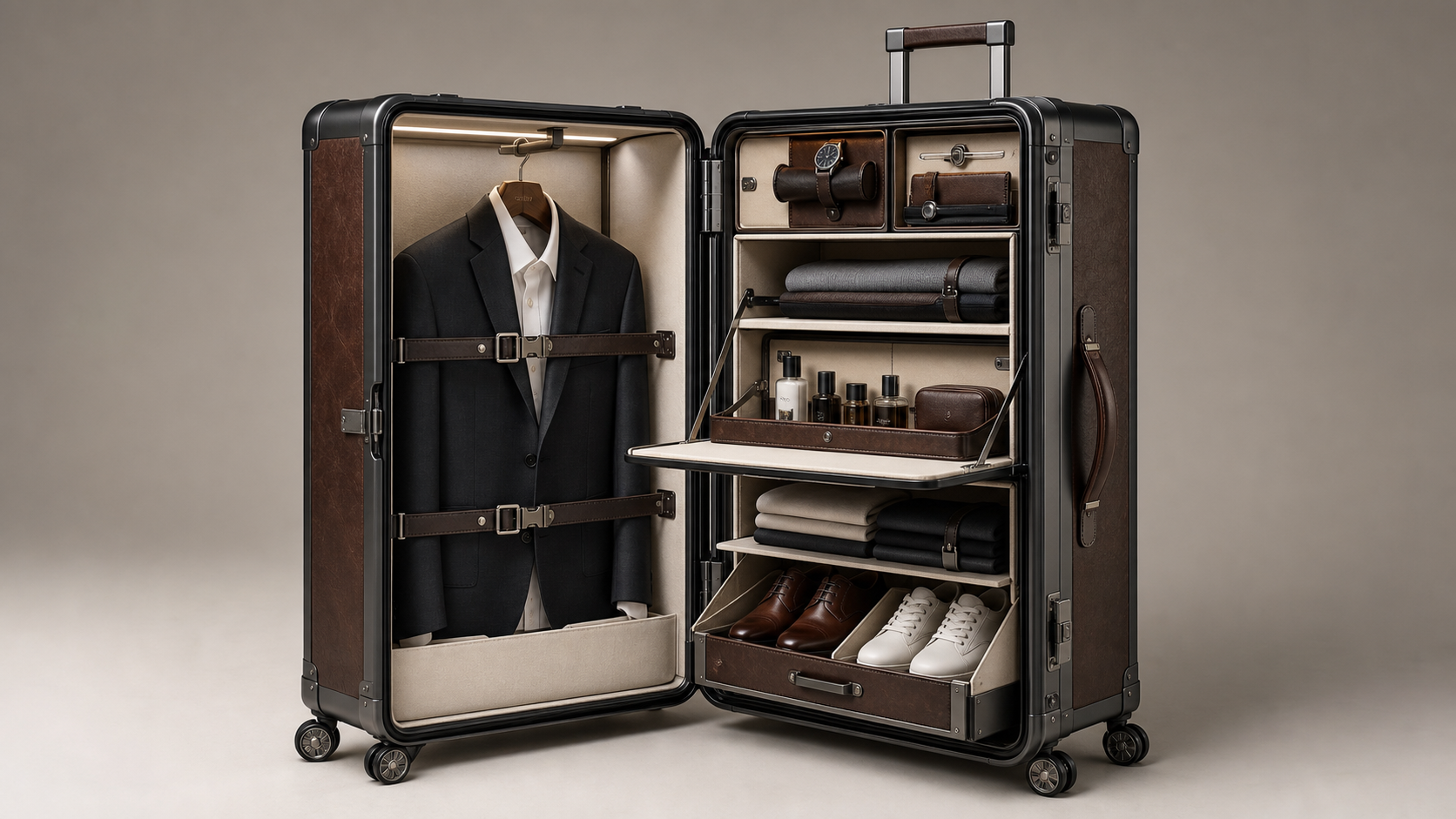 Outfit One Wardrobe Grand luxury trunk concept, open to show garment and accessory zones